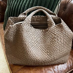 Falor Firenze Taupe Leather XL Woven Tote Shoulder Bag- Made in Italy